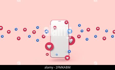 Smartphone mit Herz-Symbolen und leerem Bildschirm auf rosa Hintergrund isoliert. 3d-Rendering Stockfoto