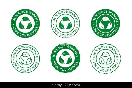 100 % biologisch abbaubar, 100 % kompostierbar Icon, Schild, Logosatz. Sechs grüne Recycling-Blätter Symbole auf weißem Hintergrund. Keine Verschwendung, umweltfreundlich. Vektor Stock Vektor