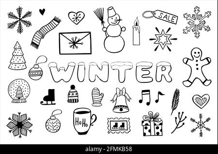 Winter-Illustrationen in Schwarz-Weiß, Satz von einfachen handgezeichneten Vektorzeichnungen im Doodle-Stil Stock Vektor