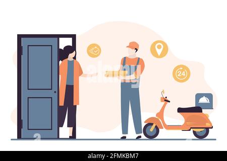 Der Lieferer mit Pizzakisten und eine Kundin in in der Nähe der offenen Tür. Schnelle Lieferung Service-Konzept Hintergrund. Männlicher Kurier in Uniform und Lieferung Motorrad Stock Vektor