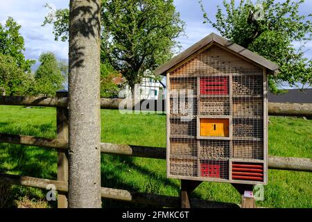 Europa, Deutschland, Nordrhein-Westfalen, Ruhrgebiet, Essen, 30.09.2018: Insektenhotel im ländlichen Fischlaken in Essen im Frühjahr Stockfoto