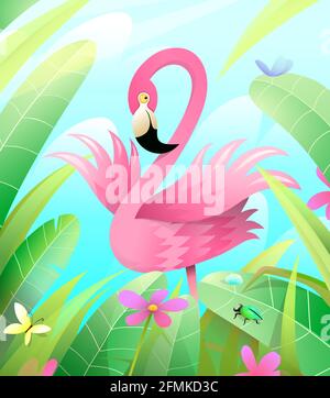 Pink Flamingo in Grün Natur Cartoon für Kinder Stock Vektor