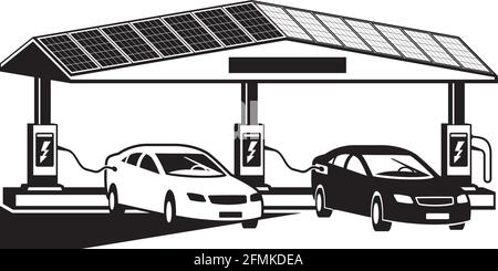 Elektrofahrzeuge an der Ladestation mit Photovoltaik-Paneelen – Vektor Abbildung Stock Vektor