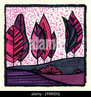 Abstrakte dekorative Landschaft Aquarell Illustration. Ruhiger Aquarell-Hintergrund mit Bäumen, Büschen und Hügeln. Aquarellmalerei mit schwarzer Farbkontur und Mustern. Poster, Hintergrund, Karte. Stockfoto