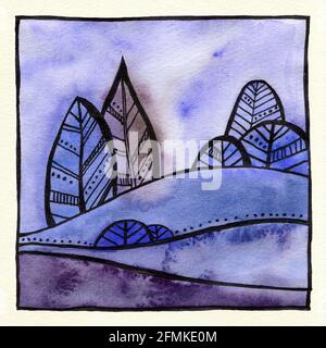 Abstrakte dekorative Landschaft Aquarell Illustration. Ruhiger Aquarell-Hintergrund mit Bäumen, Büschen und Hügeln. Aquarellmalerei mit schwarzer Farbkontur und Mustern. Poster, Hintergrund, Karte. Stockfoto