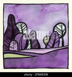 Abstrakte dekorative Landschaft Aquarell Illustration. Ruhiger Aquarell-Hintergrund mit Bäumen, Büschen und Hügeln. Aquarellmalerei mit schwarzer Farbkontur und Mustern. Poster, Hintergrund, Karte. Stockfoto