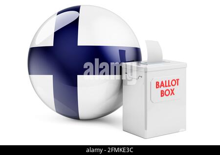 Wahlurne mit finnischer Flagge. Wahlen in Finnland. 3D-Rendering auf weißem Hintergrund isoliert Stockfoto