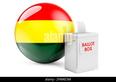 Wahlurne mit bolivianischer Flagge. Wahlen in Bolivien. 3D-Rendering auf weißem Hintergrund isoliert Stockfoto