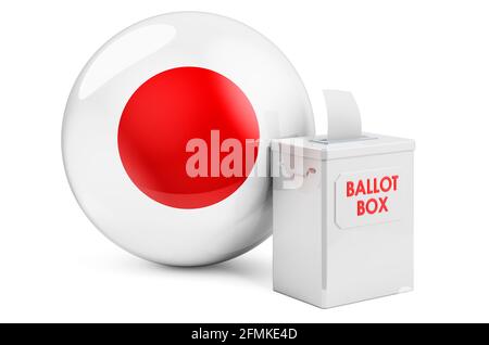 Wahlurne mit japanischer Flagge. Wahlen in Japan. 3D-Rendering auf weißem Hintergrund isoliert Stockfoto