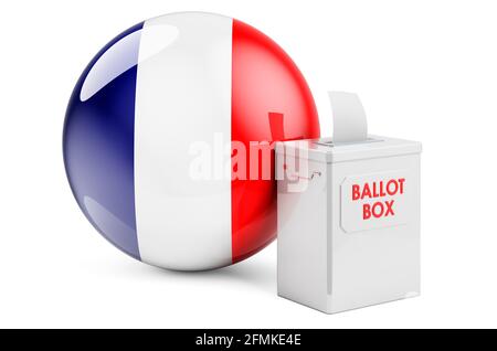 Wahlurne mit französischer Flagge. Wahlen in Frankreich. 3D-Rendering auf weißem Hintergrund isoliert Stockfoto