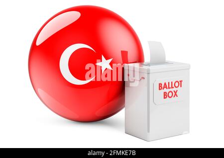 Wahlurne mit türkischer Flagge. Wahlen in der Türkei. 3D-Rendering auf weißem Hintergrund isoliert Stockfoto
