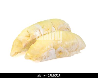Gelber Durian, eine Nahaufnahme von thailändisch-tropisch riechendem Fruchtfutter, isoliert auf weißem Hintergrund. Stockfoto