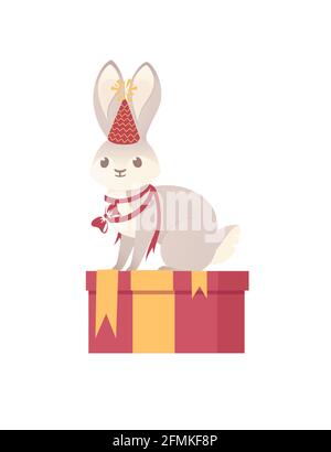 Niedliches graues Häschen mit Kegelhut und roter Schleife sitzend Auf Geschenkbox Cartoon Tier-Design Vektor-Illustration auf weiß Hintergrund Stock Vektor