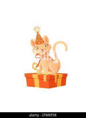 Niedliche Katze mit Kegelhut und roter Schleife sitzt auf Geschenkbox Cartoon Tier Design Vektor Illustration auf weißem Hintergrund Stock Vektor
