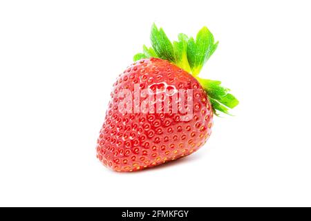 Einzelne frische Erdbeere mit Blatt isoliert auf weißem Hintergrund schließen Nach oben Stockfoto