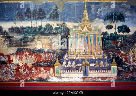 Wandmalereien von Szenen aus der Khmer (Reamker) Version von der klassischen indischen Epos Ramayana, Königspalast, Phnom Penh, Kambodscha Stockfoto