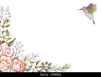 Horizontaler Rahmen mit wasserfarbenen Rosenblüten, Blättern, Dekor und Kolibris. Für die Gestaltung von Grußkarten, Einladungen usw. Stockfoto