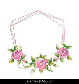 Der geometrische Rahmen ist mit Blumen verziert. Rosa Rosen, grüne Blätter, offene und geschlossene Blüten. Zarte Aquarelldarstellung Stockfoto