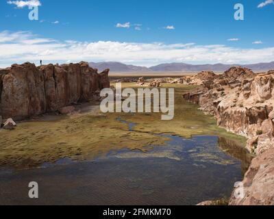 Panoramablick auf erodierte Steinformationen bei Laguna Negra Canyon Valley in Uyuni Sur Lipez Potosi Bolivia South Amerika Stockfoto