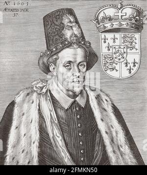 James VI. Und I, 1566 – 1625. König von Schottland als James VI vom 24. Juli 1567 und König von England und Irland als James I vom 24. März 1603 - 1625. Nach einem Stich aus dem frühen 17. Jahrhundert. Stockfoto