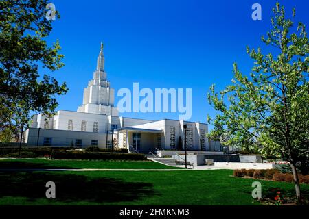 Idaho Falls LDS Mormon Latter Day Saint Temple mit Blau Sky Religion Religiöse Anbetung Stockfoto