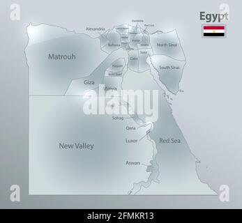 Ägypten Karte und Flagge, administrative Teilung, trennt Regionen und Namen, Design Glaskarte 3D-Vektor Stock Vektor