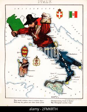 Italien – geografischer Spaß. Illustrierte satirische/kartografische Karte. Veröffentlicht in London von der Firma Hodder und Stoughton im Jahr 1869. Stockfoto