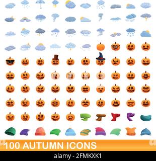 100 Herbst Ikonen gesetzt. Cartoon-Illustration von 100 Herbst-Symbole Vektor-Set isoliert auf weißem Hintergrund Stock Vektor