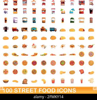 100 Street Food Icons gesetzt. Cartoon Illustration von 100 Street Food Symbole Vektor auf weißem Hintergrund isoliert gesetzt Stock Vektor