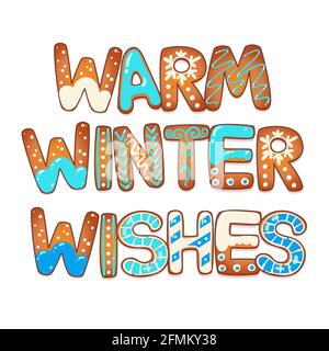 Frohe Weihnachtskarte mit Lebkuchenkuchen. Warme Winterwünsche. Vektorgrafik für das Neujahrsdesign. Stock Vektor