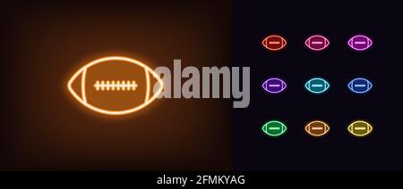 Neon American Football-Ikone. Leuchtendes Neon-Rugby-Ball-Schild, umreißen Fußball-Piktogramm in lebendigen Farben. Online-Spiel, Sportmatch, Turnier, Live Broad Stock Vektor
