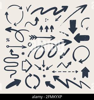 Symbole für abstrakte Pfeile gesetzt. Verschiedene Doodle-Pfeile in verschiedenen Formen mit Grunge-Textur. Handgezeichnete abstrakte Infografik Vector Kollektion. Stock Vektor