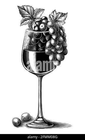Traubenwein mit Glas handgezeichnet Vintage Gravur Stil schwarz Und weiße ClipArt isoliert auf weißem Hintergrund Stock Vektor