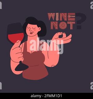 Wein nicht. Frau mit einem Glas Rotwein. Handschriftliche Beschriftung. Vektorgrafik für Design, Poster, Aufkleber. Stock Vektor