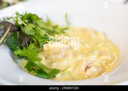 Frischer Ceviche-Teller mit Milchsauce und Salat auf der Seite. Gourmet-Restaurant mit Meeresküche Stockfoto