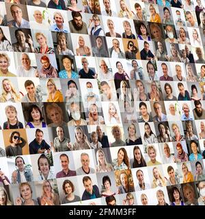 Hunderte von multirassischen Menschen Menschenmenge Porträts Kopfaufnahmen Sammlung, Collage Mosaik. Viele viele multikulturelle verschiedene männliche und weibliche lächelnde Gesichter Stockfoto