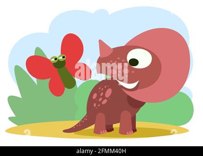 Baby Dinosaurier spielen mit einem Schmetterling. Das isolierte Objekt auf weißem Hintergrund. Fröhliche Kind Tier. Cartoons im flachen Stil. Prähistorisch Stock Vektor