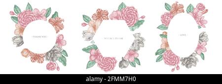 Blumenrahmen mit pastellfarbenem Hibiskus, Pflaumenblüten, Pfirsichblüten, Sakura-Blüten, Magnolienblüten, camellia japonica Stock Vektor