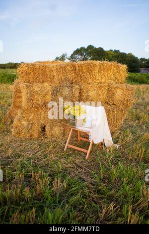 Picknick auf dem Feld in der Nähe von Strohballen. Die untergehende Sonne. Rustikaler Stil - Holzstuhl, Karo, Blumenstrauß, Spiegel. Romantisches Date Stockfoto