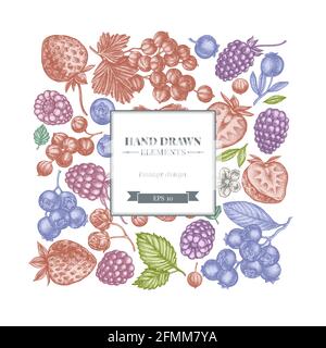Quadratisches Design mit pastellfarbenen Erdbeeren, Blaubeeren, roten Johannisbeeren, Himbeeren, Brombeeren Stock Vektor