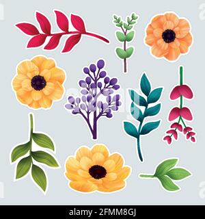 Satz von botanischen Aufklebern. Garten und wildes Laub, Blumen und Äste isoliert auf grauem Hintergrund, exotische, tropische Pflanzen. Vektorgrafik. Stock Vektor