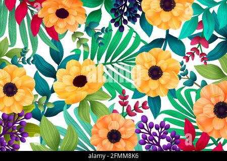 Farbenfroher tropischer Hintergrund im Sommer mit exotischen Palmenblättern und Hibiskusblüten. Vektor floralen Hintergrund.. Stock Vektor