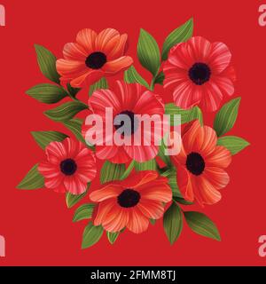 Blumen. Rote Mohnblumen auf rotem Hintergrund. Vektorgrafik. Stock Vektor