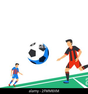 Football-Spieler mit Fußball Web-Banner-Vorlage. Narr Farbe Illustration in flachem Stil. Fußballspieler auf weißem Hintergrund mit Kopierfläche. Fl Stock Vektor
