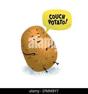 Kartoffelcharakter. Lustige Kartoffel mit Couch Kartoffel Rede Blase isoliert auf weißem Hintergrund. T-Shirt-Print, Poster, Karte.Grain texturierter Vektor Stock Vektor