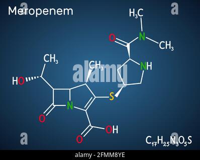 Meropenem-Molekül. Es ist ein Breitband-Carbapenem-Antibiotikum. Strukturelle chemische Formel und Molekülmodell auf dem dunkelblauen Hintergrund. Vektor-Abb. Stock Vektor