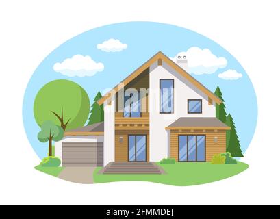 Cartoon Haus außen mit blauen bewölkten Himmel Front Home Architektur Konzept flache Design Stil. Vector Illustration der Fassade Gebäude Stock Vektor