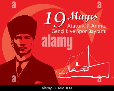 Vektorgrafik für 19 Mayis Ataturk'U Anma, Gençlik ve Spor Bayrami. (Übersetzung: 19. Mai, Gedenken an Atatürk, Jugend- und Sporttag ) A gra Stock Vektor