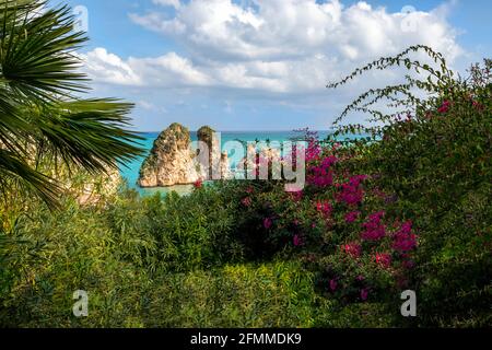 Mediterrane Flora mit Blick auf die zerklüftete Felsformation bei Scopello im Golf von Castellammare, Provinz Trapani, Sizilien, Italien Stockfoto