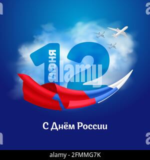 Russland Nationalfeiertag Banner oder Grußkarte mit der Inschrift auf Russisch: '12 Juni. Russland-Tag“. Vektor-Illustration mit tricolor winkende Flagge zu t Stock Vektor